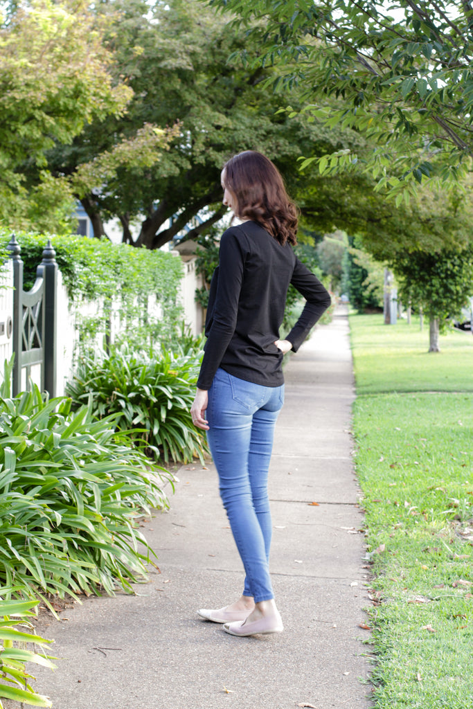 Black breastfeeding long sleeve top with invisible zips designed for nursing mums.