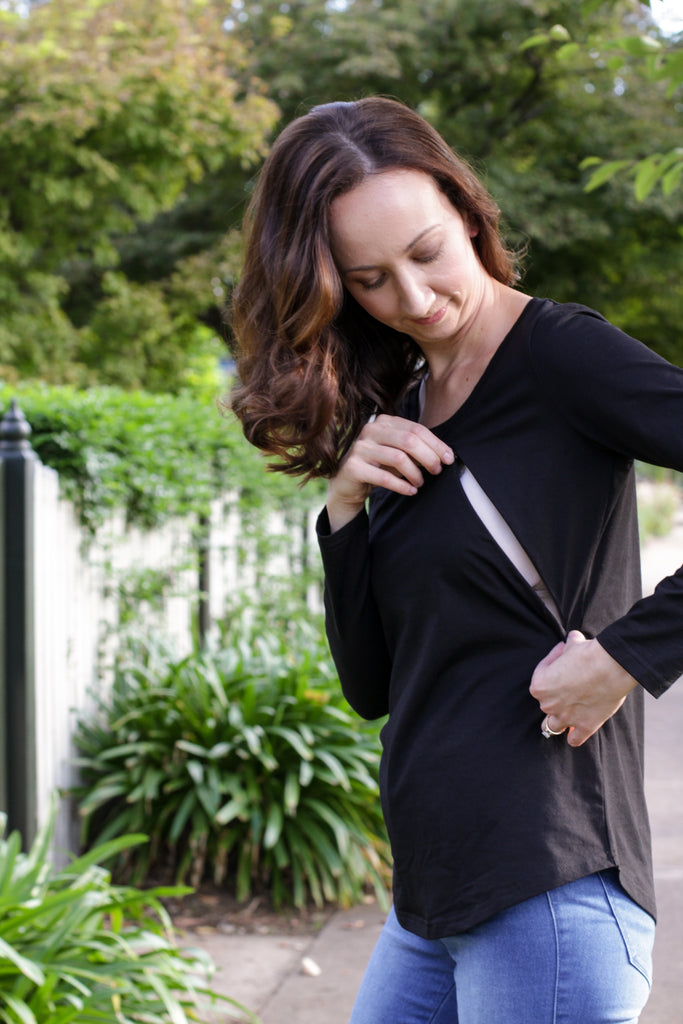 Black breastfeeding long sleeve top with invisible zips designed for nursing mums.