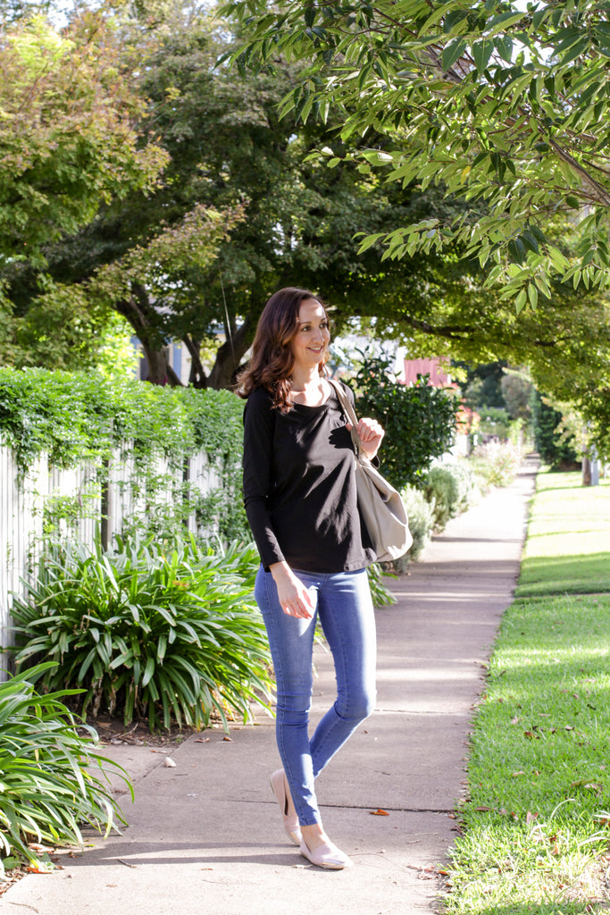 Black breastfeeding long sleeve top with invisible zips designed for nursing mums.