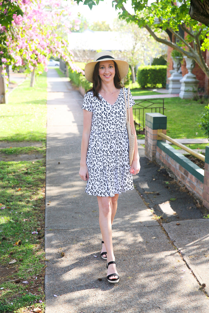 Nursing dress featuring a leopard print