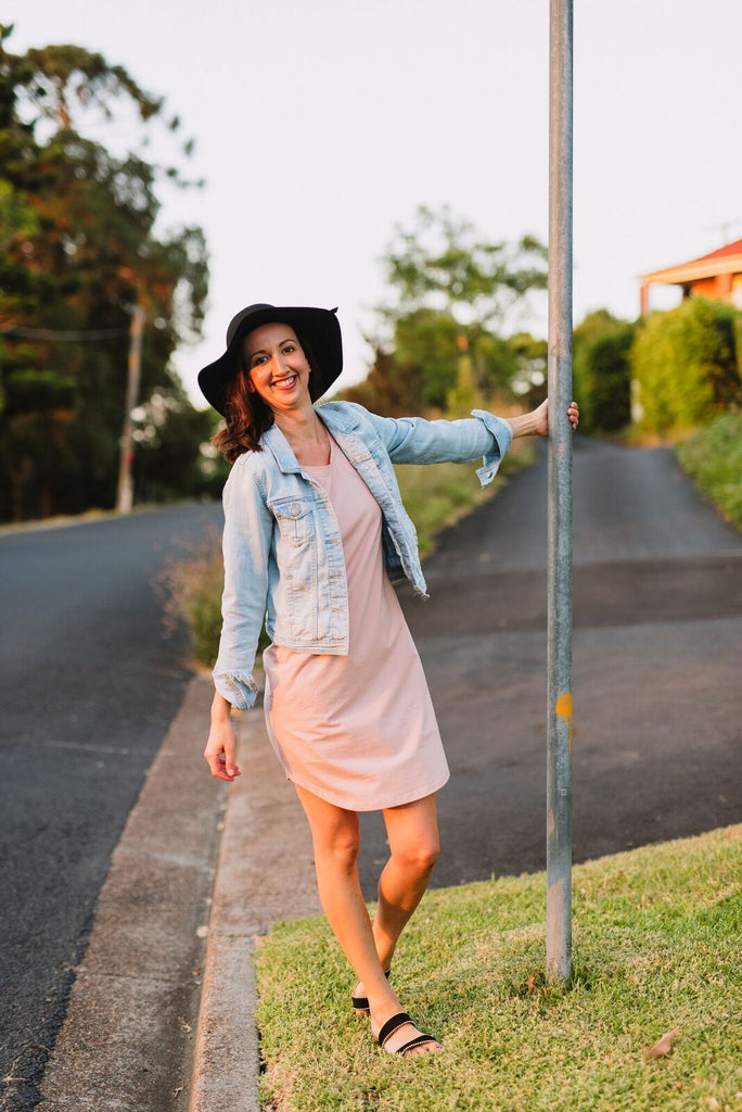 Blush pink breastfeeding t-shirt dress with invisible zips designed for nursing mums.