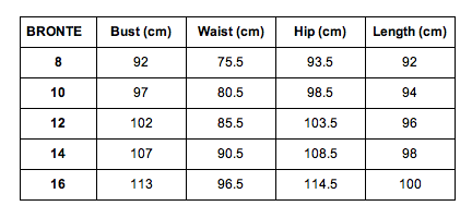 Bronte Breastfeeding T-Shirt Dress size chart.