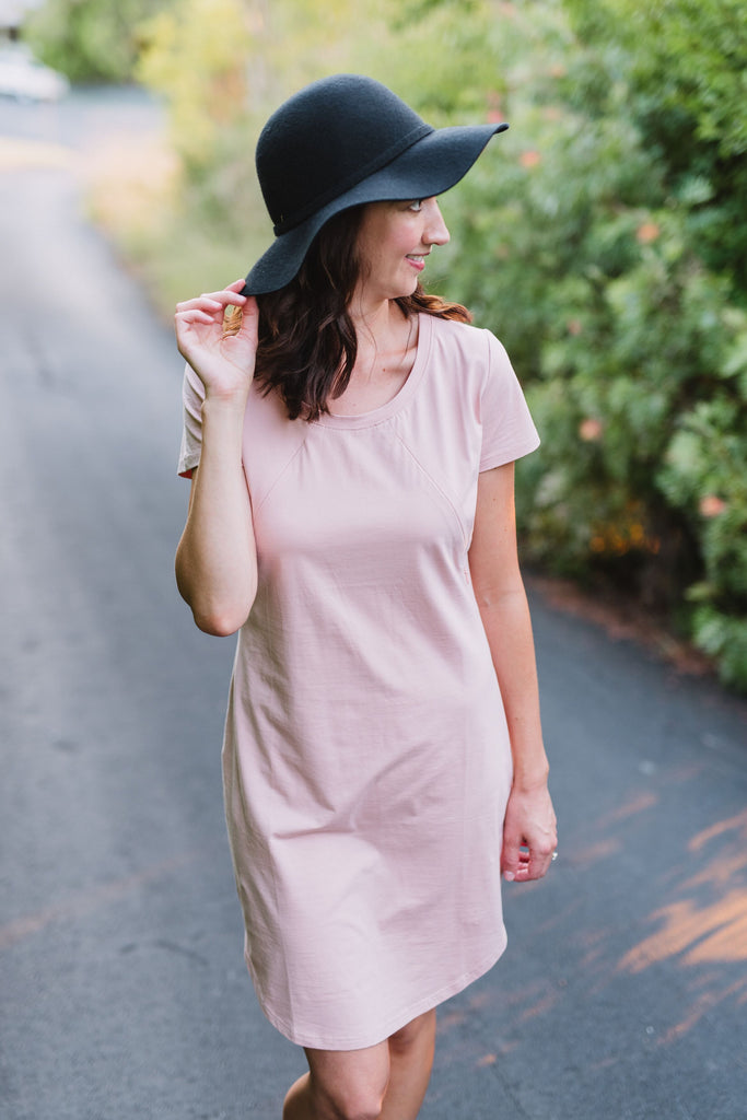 Blush pink breastfeeding t-shirt dress with invisible zips designed for nursing mums.