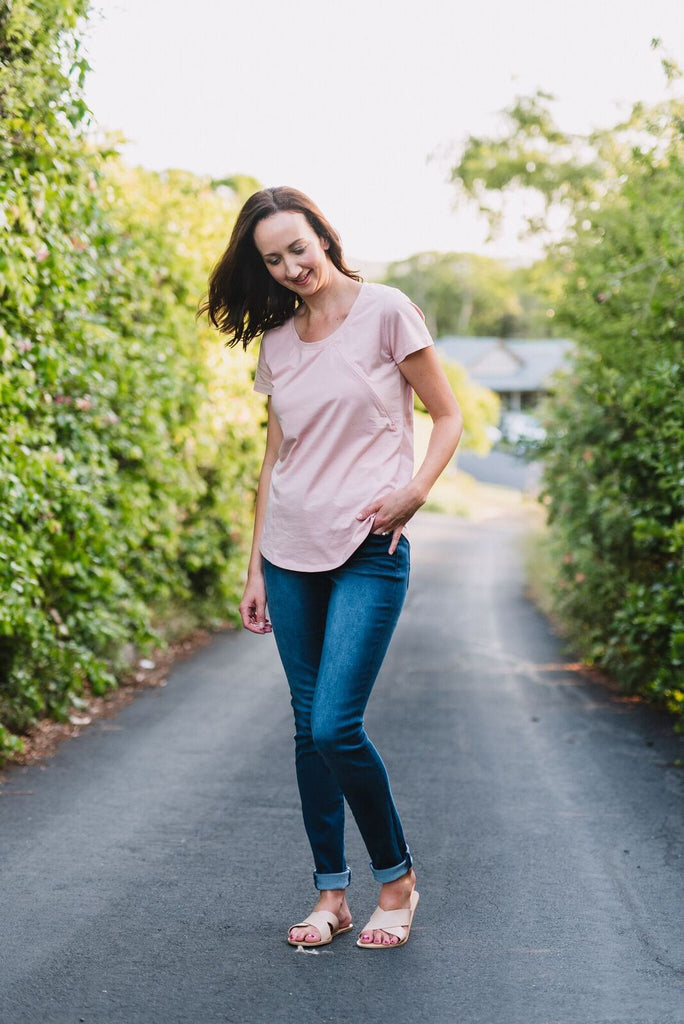 Blush pink breastfeeding friendly t-shirt with invisible zips designed for nursing mums.