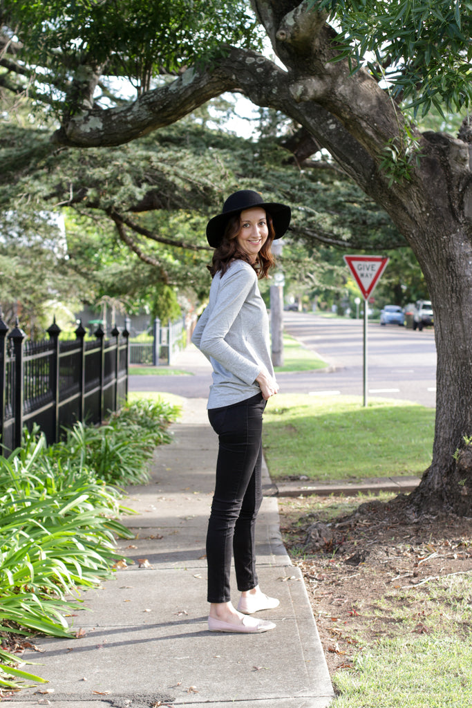 Grey breastfeeding long sleeve top with invisible zips designed for nursing mums.