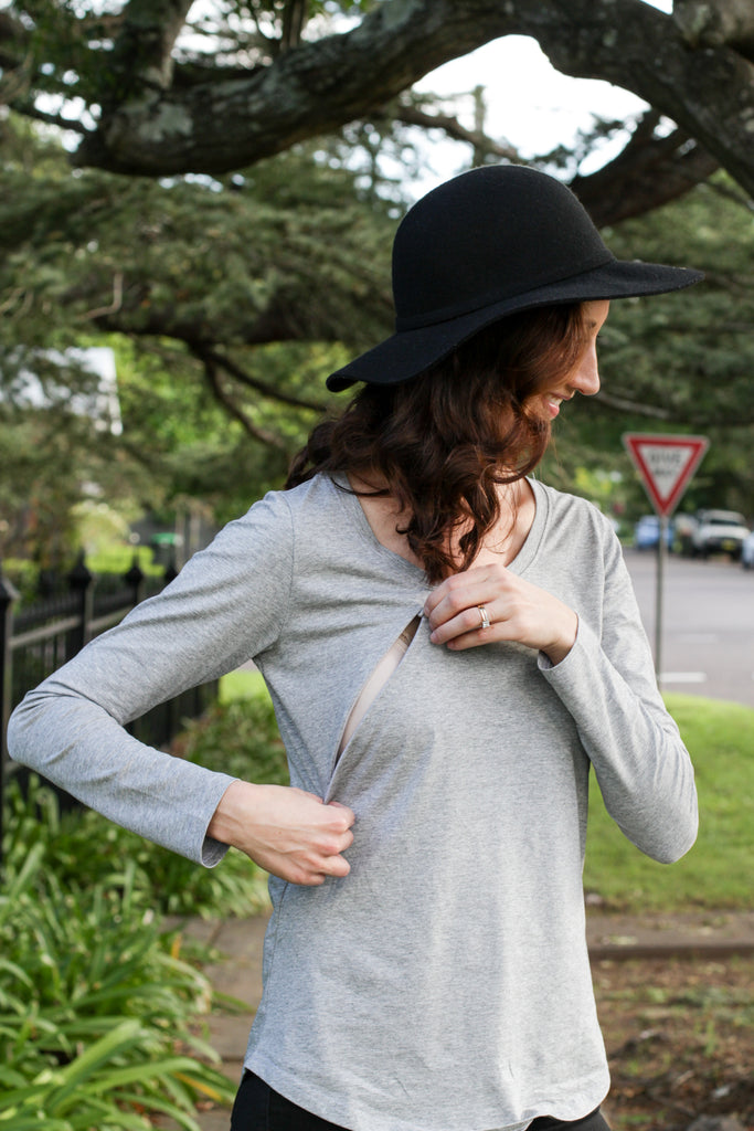 Grey breastfeeding long sleeve top with invisible zips designed for nursing mums.