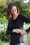 Black breastfeeding long sleeve top with invisible zips designed for nursing mums.