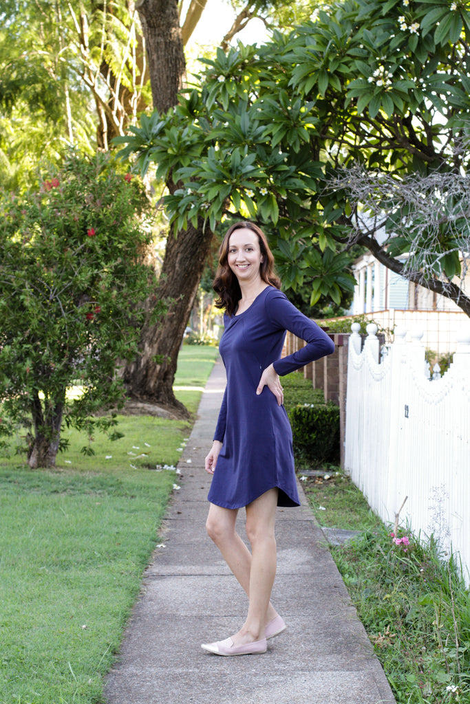 Long sleeve breastfeeding dress with invisible zips designed for nursing mums.