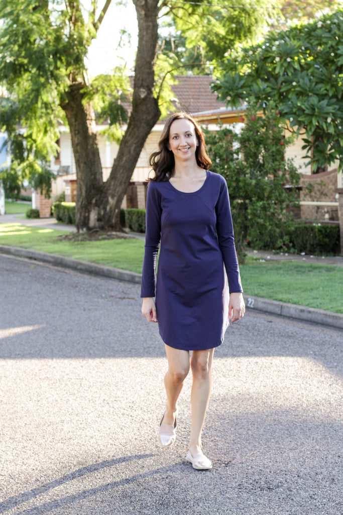 Long sleeve breastfeeding dress with invisible zips designed for nursing mums.