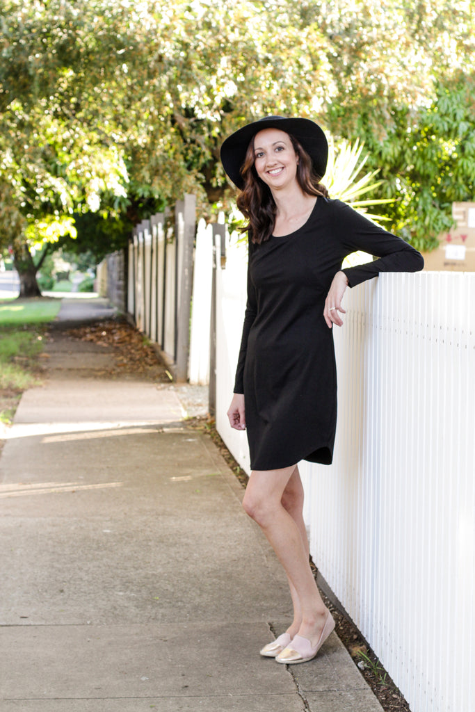 Long sleeve breastfeeding dress with invisible zips designed for nursing mums.