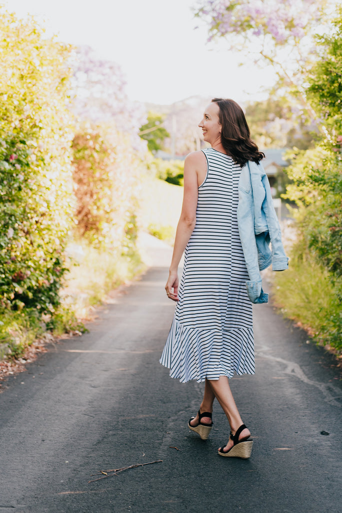 Black and white stripe breastfeeding dress with lift up panel for nursing mums.