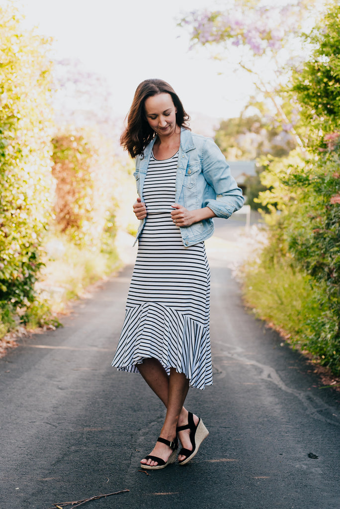 Black and white stripe breastfeeding dress with lift up panel for nursing mums.