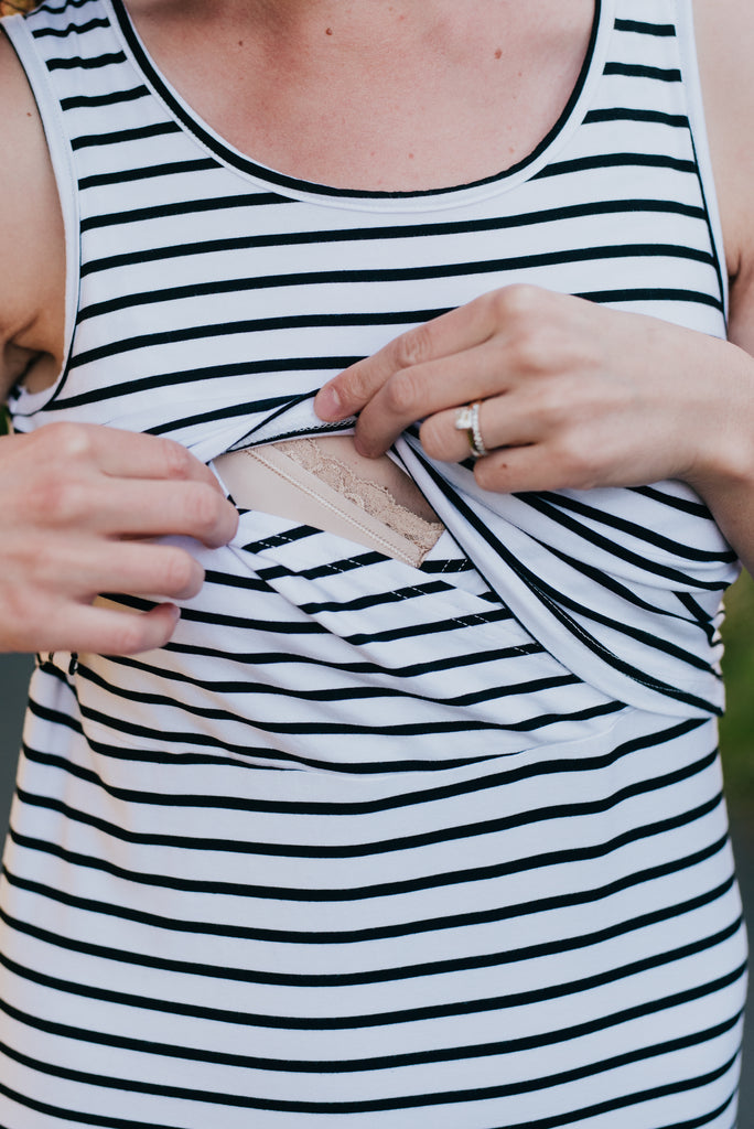 Black and white stripe breastfeeding dress with lift up panel for nursing mums.