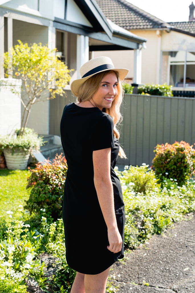 Black breastfeeding t-shirt dress with invisible zips designed for nursing mums.