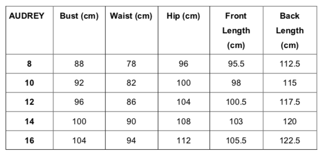 Size chart for Audrey Breastfeeding Dress.