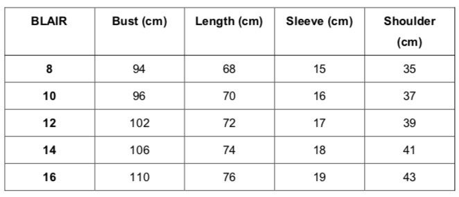 Size chart for Blair Breastfeeding T-Shirt