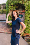 Navy breastfeeding t-shirt dress with invisible zips designed for nursing mums.