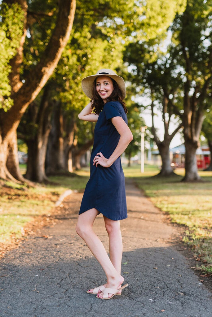 Navy breastfeeding t-shirt dress with invisible zips designed for nursing mums.