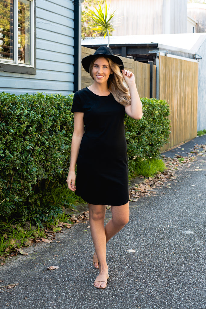 Black breastfeeding t-shirt dress with invisible zips designed for nursing mums.