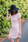 Blush pink breastfeeding t-shirt dress with invisible zips designed for nursing mums.