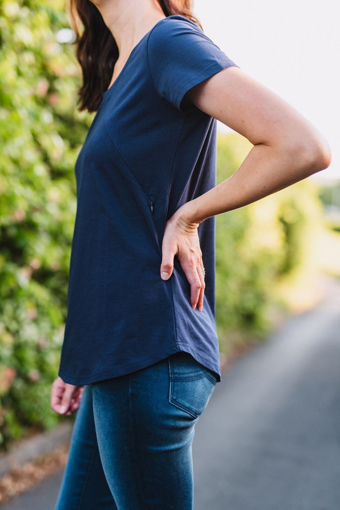 Navy breastfeeding friendly t-shirt with invisible zips designed for nursing mums.