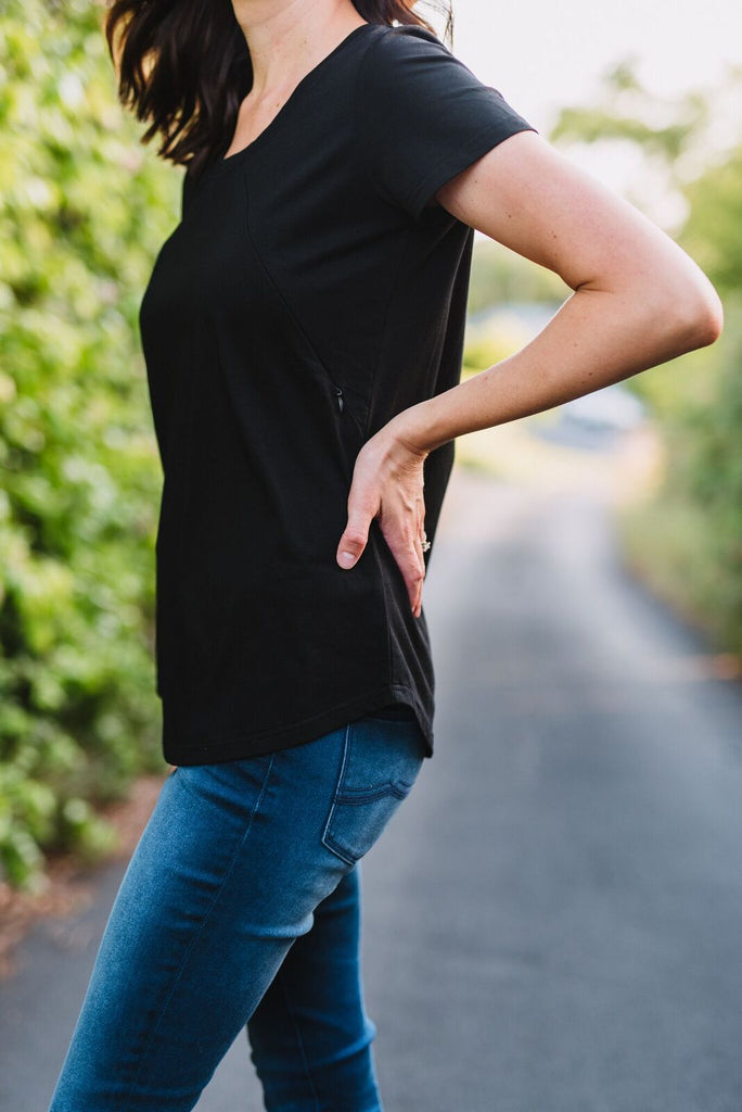 Black breastfeeding friendly t-shirt with invisible zips designed for nursing mums.